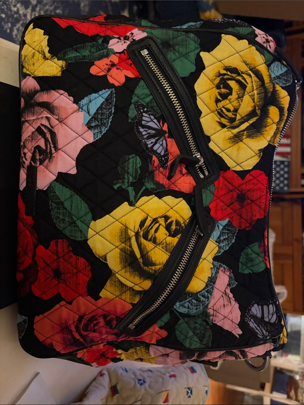 Vera Bradley Black Quilted Crossbody/Shoulder with Floral Print